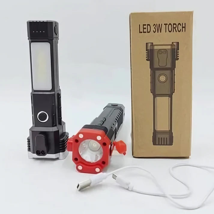 High-Power LED Torch Light – Rechargeable Flashlight with Tactical Hammer & Power Bank (Random Color, Boxed)