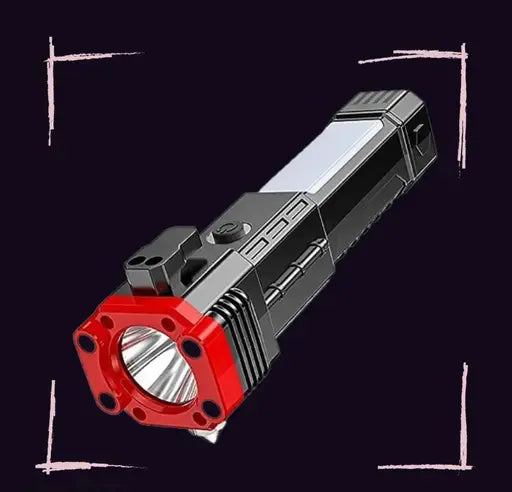 High-Power LED Torch Light – Rechargeable Flashlight with Tactical Hammer & Power Bank (Random Color, Boxed)