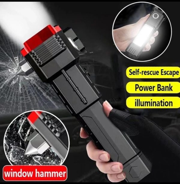 High-Power LED Torch Light – Rechargeable Flashlight with Tactical Hammer & Power Bank (Random Color, Boxed)