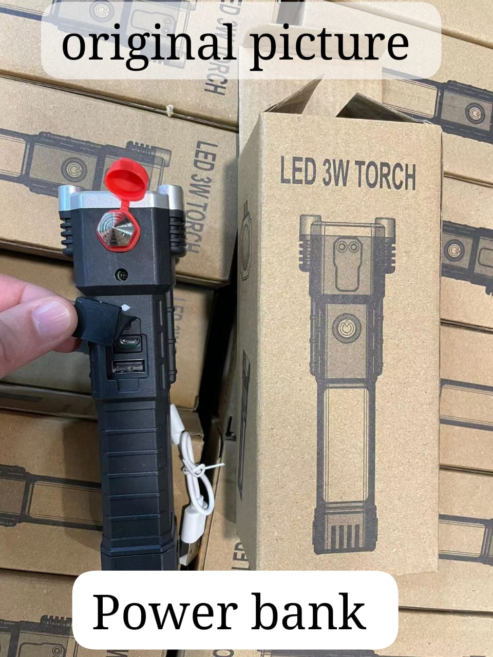 High-Power LED Torch Light – Rechargeable Flashlight with Tactical Hammer & Power Bank (Random Color, Boxed)