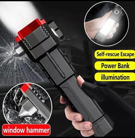 High-Power LED Torch Light – Rechargeable Flashlight with Tactical Hammer & Power Bank (Random Color, Boxed)
